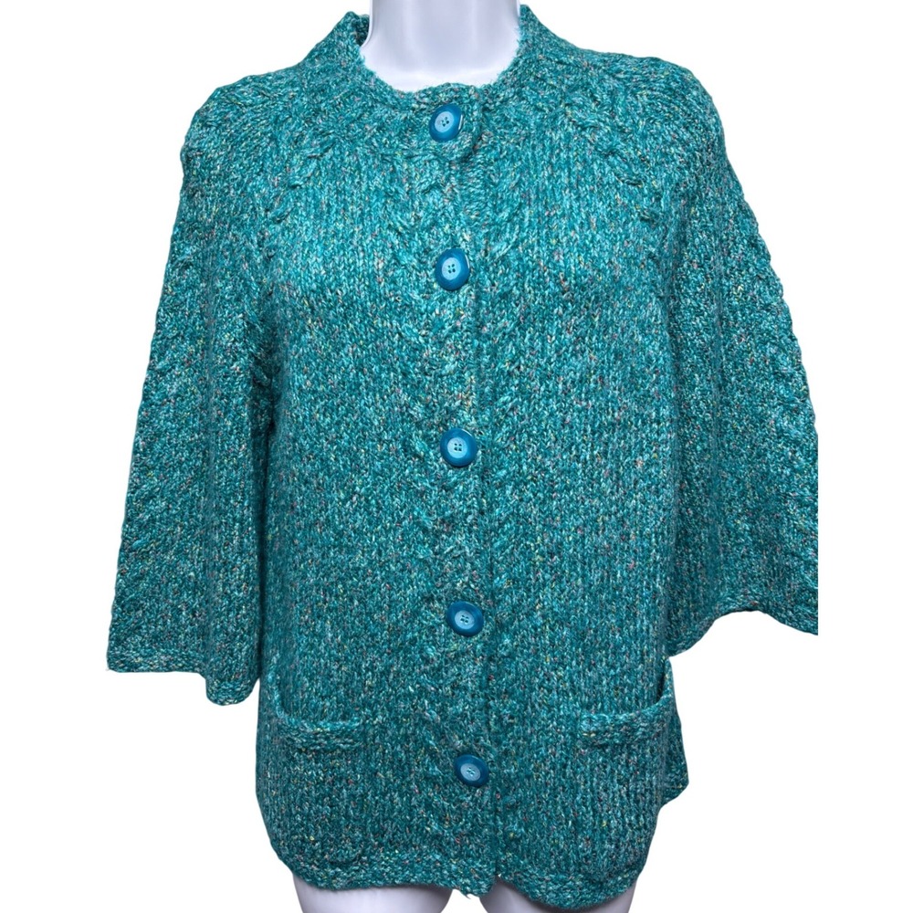 JONES NEW YORK Womens Teal Cable Knit Cardigan M Marled Grandmacore Cottagecore